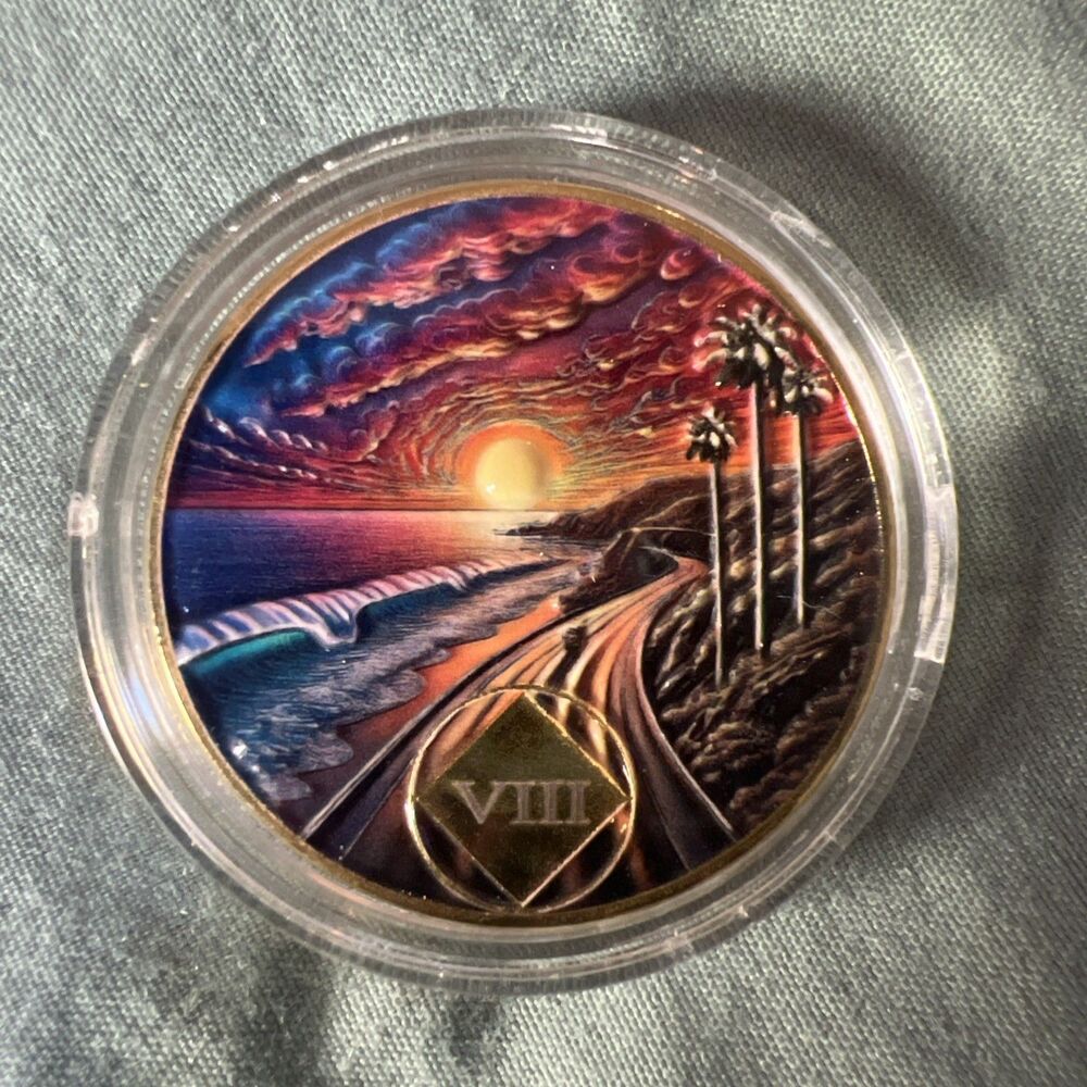 8 VIII Year Sunset Coastal Road Sobriety Coin Journey into Serenity NA Medall